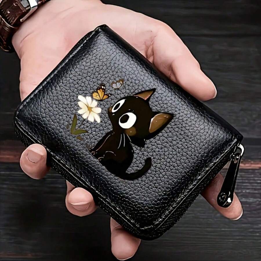 Cute Black Cat & Daisy Butterfly Print PU Leather Zipper Wallet, Women's Mini Card Holder & Coin Purse - Multicolor - View 1