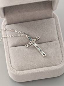 1pc S925 Sterling Silver Cool Style Blue Diamond & Crushed Diamond Cross Necklace, Minimalist Thin Rhinestone Cross Collarbone Chain, Niche Commuter Versatile Faith Pendant Gift - Cross - View 1