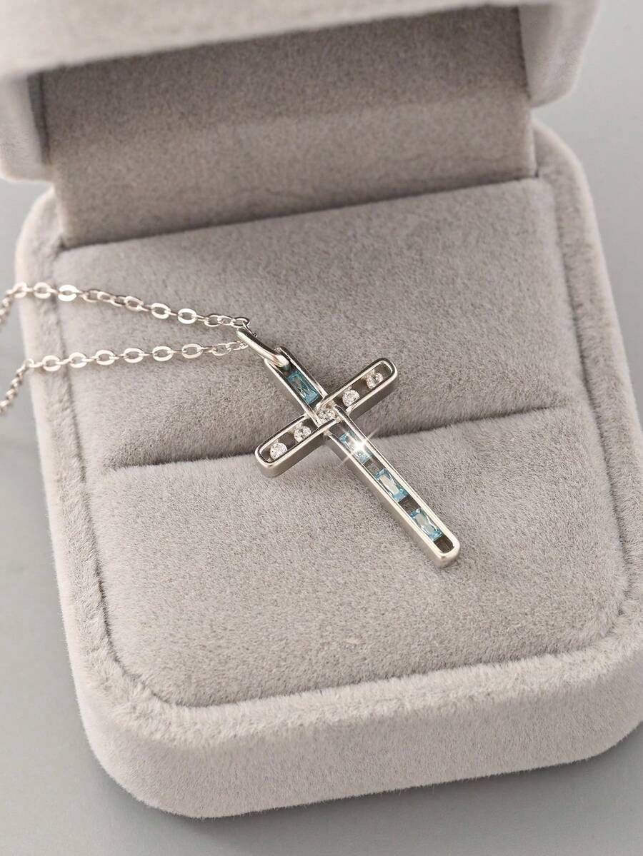 1pc S925 Sterling Silver Cool Style Blue Diamond & Crushed Diamond Cross Necklace, Minimalist Thin Rhinestone Cross Collarbone Chain, Niche Commuter Versatile Faith Pendant Gift - Cross - View 1