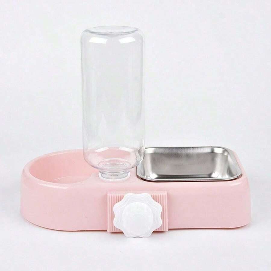 Dispensador 2 en 1 comida y agua automático para conejos, doble compartimento seco húmedo con tazón de acero inoxidable gran capacidad - Rosa - Ver 1