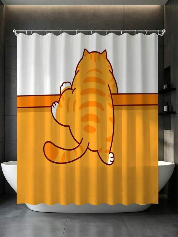 1pc Orange Tabby Cat Back View Shower Curtain, Cute Fat Striped Cat Fun Waterproof Bathroom Partition Curtain - Easy To Clean Exquisite Home Decor, Decorative Shower Curtain, Bathroom Accessories Home Decor Gift - Includes 12 Hooks