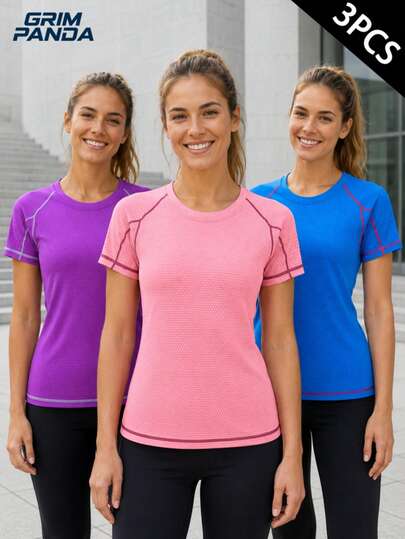 GRIM PANDA 3 piezas Camisetas de manga corta con cuello redondo elásticas de secado rápido para mujer, transpirables y de secado rápido, adecuadas para fitness, yoga, correr, tops deportivos casuales de verano para uso diario