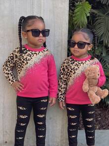 2pcs Baby Girls Leopard Print Graphic Top And Pants Suit - Multicolor - View 4