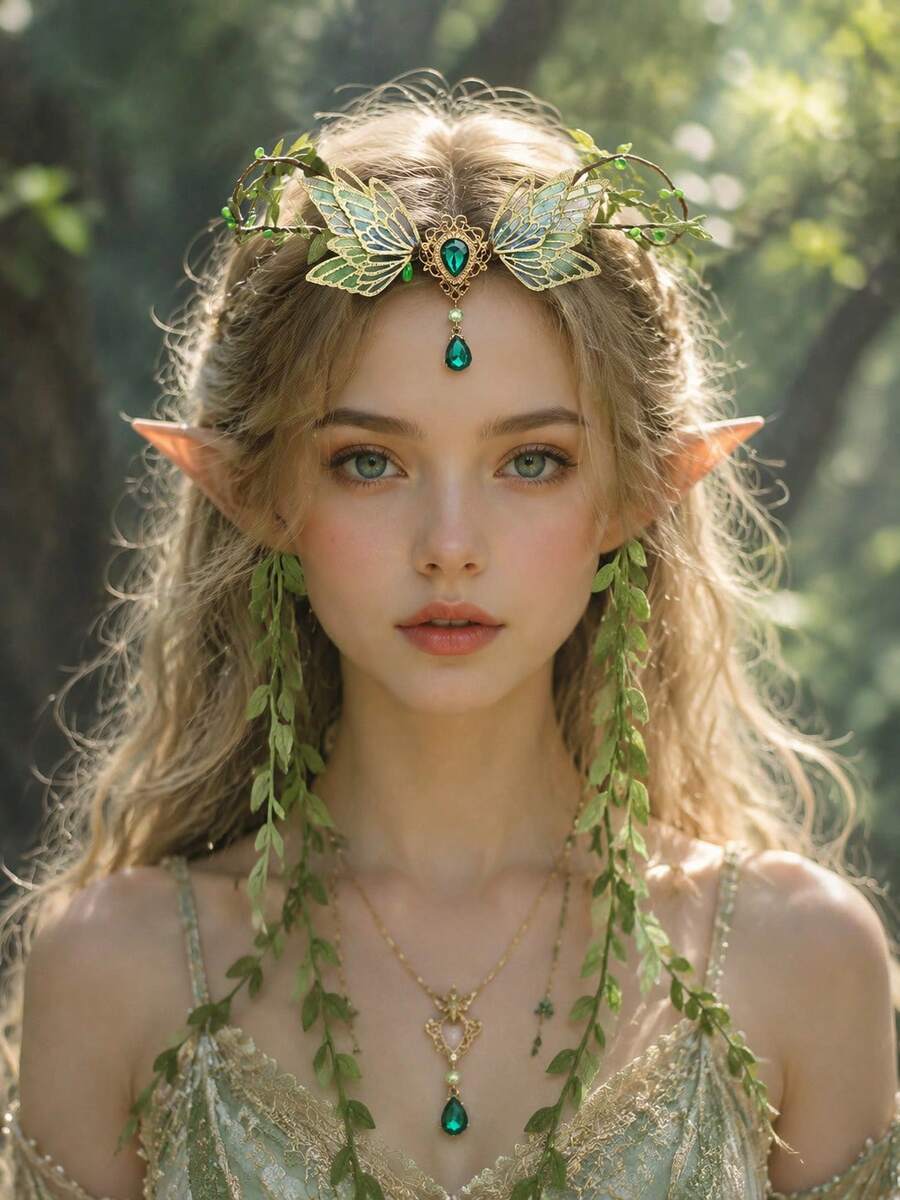 Women's Forest Fairy Headpiece Green Leaf Vine Elf Headband Fairy Wings Emerald Rhinestone Halloween Cosplay Renaissance Wedding Festival Party - Multicolor - View 1
