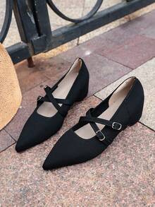 Black Breathable Fabric Pointed Toe Mary Jane Shoes For Women, Cross Double Buckle Plus Size Commute Office Chunky Mid Heel Pumps - Black - View 3