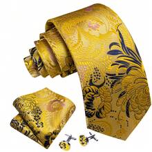 Paisley Yellow Necktie Pocket Square Cufflinks Tie Clip 4pcs Set For Summer Carnival & Outdoor Spring Festival Activities - Yellow - View 3