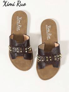 Ximi Ruo Sandalias planas tipo slide de estilo coreano casual para mujer, zapatillas de verano para exteriores con punta abierta, sandalias romanas tejidas nuevas de primavera/verano, zapatos de mujer de estilo francés de moda para combinar con faldas para salidas, playa, apartamento, zapatos planos de exterior de color marrón - Café integral - Ver 8