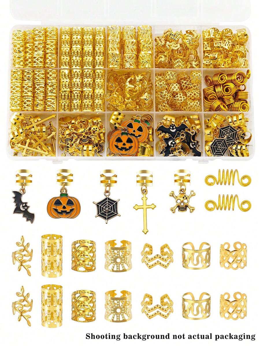 127pcs Hair Cuffs Accessories For Halloween Party Shaped-Pumpkin Spider Web Bat Trick-Or-Treat Gothic Style Hair Rings For Braids(Without Box) - Gold - View 1