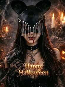 1pc Cool Dark Rivet PU Leather Fox Mask, Punk Metal Chain Tassel Animal Ear Decor Mask, Unisex Halloween Costume Party Cosplay Accessory - Multicolor - View 4