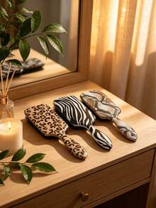 1pc Cute Cow Print Portable Mini Folding Air Cushion Massage Comb, Leopard Print Comb Set, Handle Style Comb, Zebra Print Air Cushion Comb - Multicolor - View 4