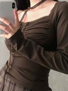 韓式簡約性感修身百搭蕾絲長袖T恤女款休閒內搭上衣 - 棕色 - 查看 6