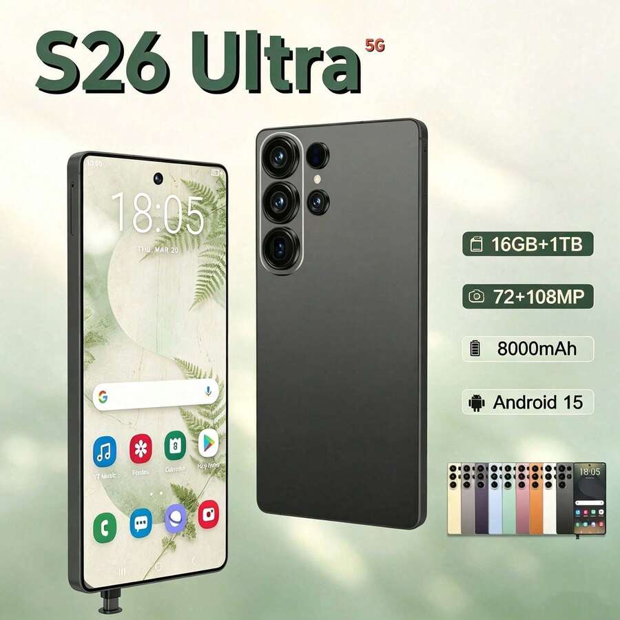 All-Rounder S26 ULTRA 5G Handy Mit Integriertem KI-Stift, 16GB+1TB Reichlich Speicherplatz, Leistungsstarker 8000mAh Langanhaltend Akku, Perfekt Für Studenten Und Senioren Für Den Täglichen Gebrauch - Schwarz - Übersicht 1