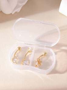 3pcs Fashionable Elegant 18K Gold Stainless Steel Flower Heart Water Drop Zirconia Women's Belly Button Piercing Set, Suitable For Daily Versatile Wear - Multicolor - View 3