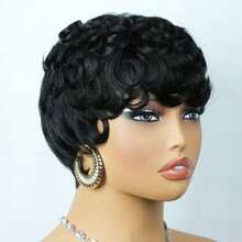 AMECIRE Wig Keriting Hitam Potongan Pixie Wig Rambut Pendek Wanita Wig Rambut Manusia dengan Poni Bentuk Mengembang 4 Inci Topi Jaring Elastis Cocok untuk Pemakaian Sehari-hari - Natural Black - View 8