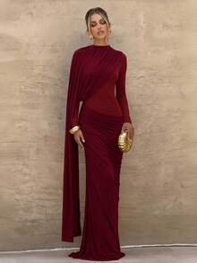 Solid Color Elegant Contrast Mesh Draped Evening Gown For Party And Formal Dinner - Burgundy - View 1
