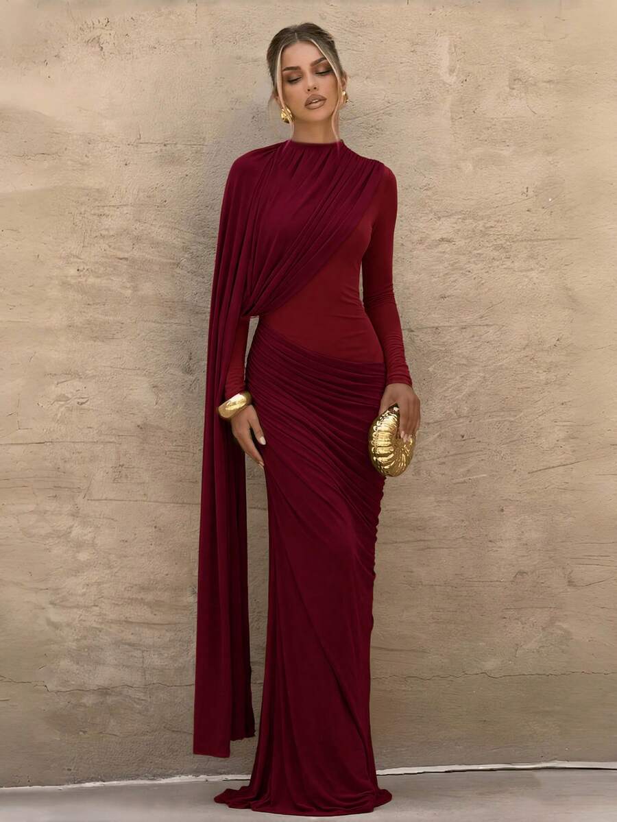 Solid Color Elegant Contrast Mesh Draped Evening Gown For Party And Formal Dinner - Burgundy - View 1