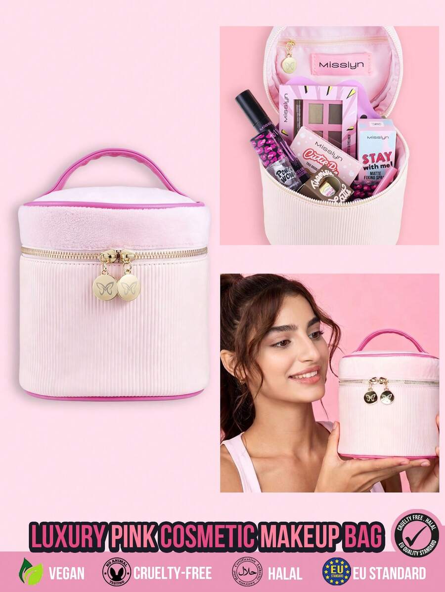 MISSLYN 1 buah Tas Kosmetik Mewah Warna Pink, Desain Pink Peach Lembut dengan Trim Kontras Mawar, Penyimpanan Silinder Kapasitas Besar, Resleting Ganda Halus, Hadiah Liburan, Musim Kembali ke Sekolah, Cocok untuk Rumah, Kantor, dan Perjalanan Akhir Pekan - Berwarna merah muda - View 1