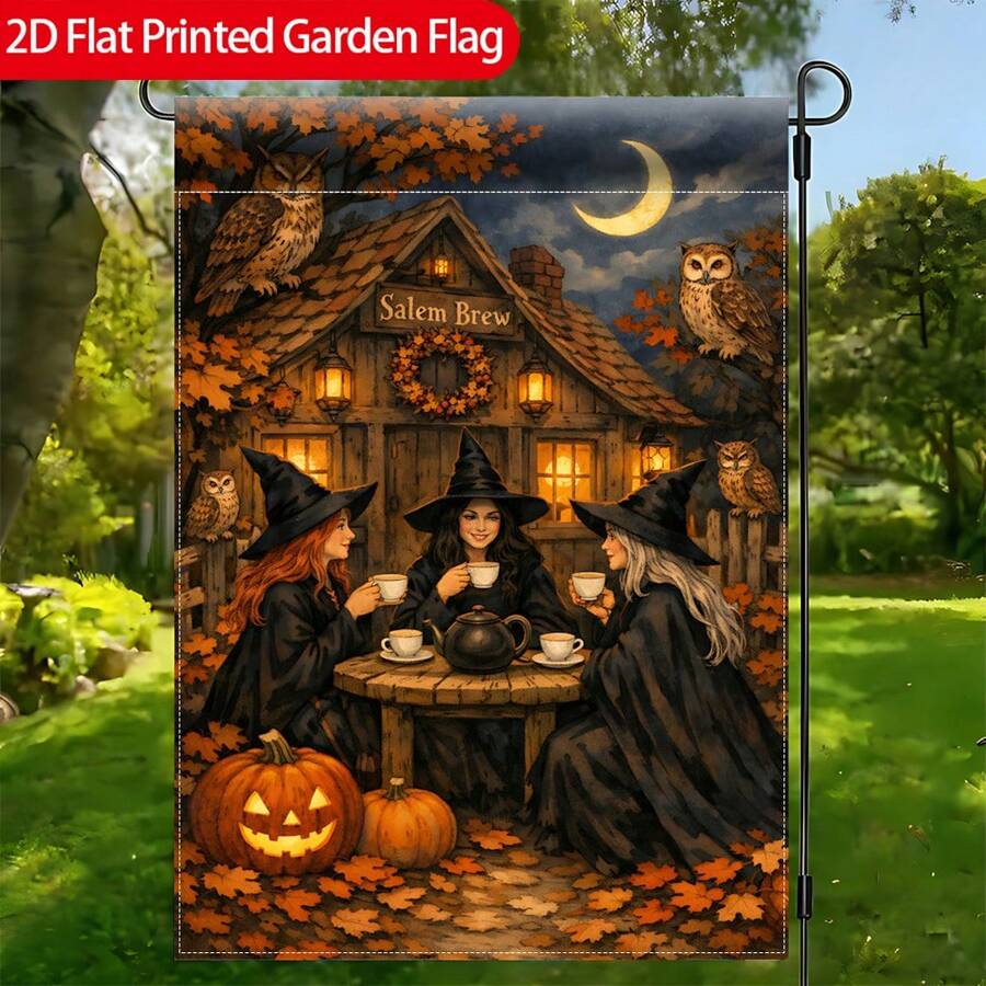 1pc Witch Tea Party Garden Flag - Double-Sided Durable Polyester Outdoor Decor, Suitable For Home And Yard, Holiday Decoration, 12x18 Inch, Pole Not Included 2D Flat Printed Flag - A - View 1