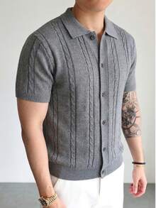 Men's Unisex Polo Collar Knit Cardigan Short Sleeve Sweater, Casual Business Commute Solid Color Minimalist Daily Wear Spring Summer - Grey - View 2