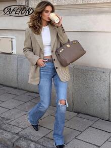 Women Fall Houndstooth Plaid Blazer, Lapel Collar Single Breasted Long Sleeve Relaxed Fit Jacket With Pockets For Office Daily Outfits - Multicolor - View 1