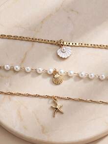 3pcs Summer Bohemian Style Faux Pearl Shell Pendant Multi-Layer Stackable Necklace Set, Suitable For Women Beach Vacation And Daily Wear, Coastal Style - Multicolor - View 4