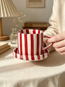 Multi-Color Vertical Striped Ceramic Coffee Cup With Matching Tray, Red Yellow Black 3-Color Striped Porcelain Latte Tea Cup Set, Vintage French Aesthetic Breakfast Tableware, Romantic Valentine's Day Birthday Housewarming Gift - Multicolor - View 8