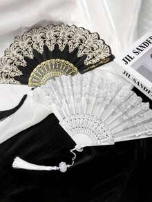 Elegant White Lace Floral Hand Fan With Gold Embroidery - Vintage Spanish Style Folding Fan For Wedding, Party & Summer Events - Multicolor - View 1