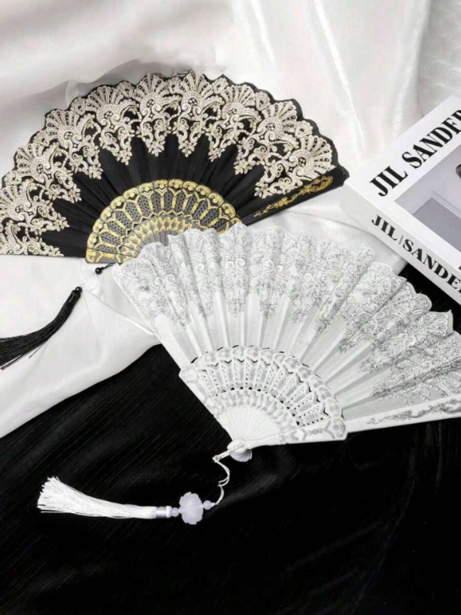 Elegant White Lace Floral Hand Fan With Gold Embroidery - Vintage Spanish Style Folding Fan For Wedding, Party & Summer Events - Multicolor - View 1