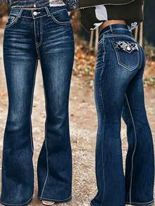 Women's High - Waisted Flared Blue Denim Jeans | Stretch, Embroidered Decorative Back Pocket, Body - Hugging, Retro - Inspired, Versatile - Dark Wash - View 11