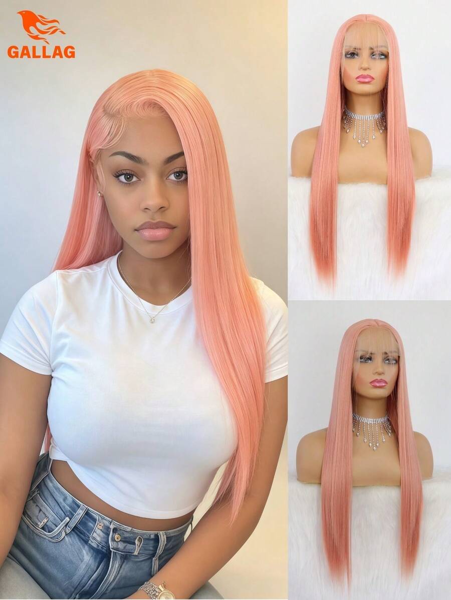 Pink Straight Wig – Free Part, HD Transparent Lace Front, Pre-Plucked Natural Hairline, Heat-Resistant Synthetic Fiber – For Parties, Cosplay, And Stage Performances - Baby Pink - View 1