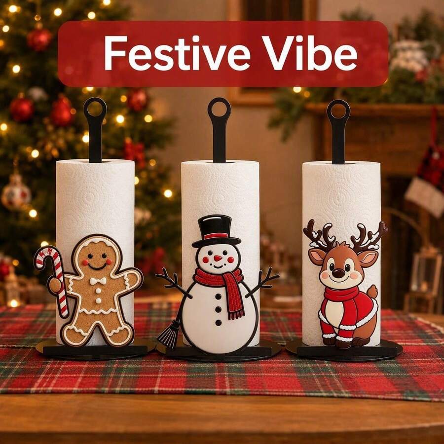Christmas Theme Cartoon Decorative Paper Towel Holder Gingerbread Man/Snowman/Reindeer Standing Metal Paper Roll Rack Holiday Home Kitchen Decor - View 1