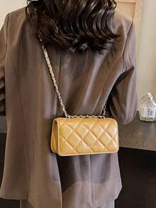 Mini bolso de mano con cadena acolchada de diamantes nuevo, bolso bandolera de diseño simple, bolso de hombro para ir al trabajo - Mostaza Amarilla - Ver 5