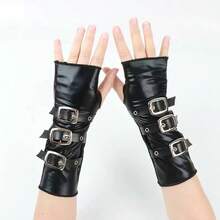 Sarung Tangan Kulit Paten Baru dengan Gesper Logam Hitam, Gaya Punk Gelap, untuk Pesta Dansa, dan Menari, dengan Paku Keling. - A - View 14