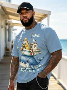 Plus Size Men's Light Blue Fisherman Whale Nautical Cartoon Print Short Sleeve T-Shirt, Loose Casual Plus Size Summer Top - Baby Blue - View 1