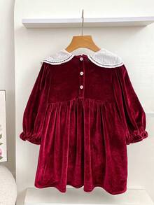 Girls' Petal Collar Burgundy Long Sleeve Dress, Spring/Autumn Style, Children's Christmas Princess Holiday Dress - Burgundy - View 3