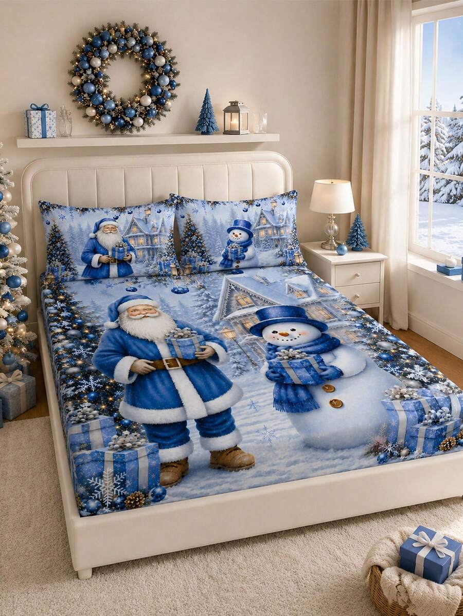 3PCS Christmas Cartoon Snowman & Santa Claus Bed Sheet & Pillowcase Set, (1PC Bed Sheet + 2pcs Pillowcases, Pillow Inserts Not Included,) Polyester Digital Print, Christmas Theme Pattern, Cartoon Warm Christmas Non-Slip Bedding Set, Machine Washable, Bedroom Holiday Home Textile - Multi-color 3 - View 1
