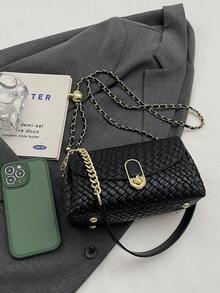 復古編織鏈條小包，金屬鎖扣，法棍包款，雙用肩帶，女士奢華單肩斜挎手提包 - 黑色 - 查看 6