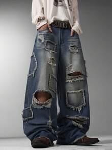 Modcrash Japanese Street Art Spliced Men Jeans, Retro Ripped Wide Leg Pants, Loose Casual All Season Wear (No Belt & Accessories) Fall/Autumn/Winter - Blue - View 9