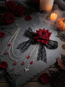 1Pc Metal Gothic Rose Bow Brooch, Black Lace Red Rose Tassel Pin, Halloween Punk Floral Badge, Party Costume Accessory - Multicolor - View 7