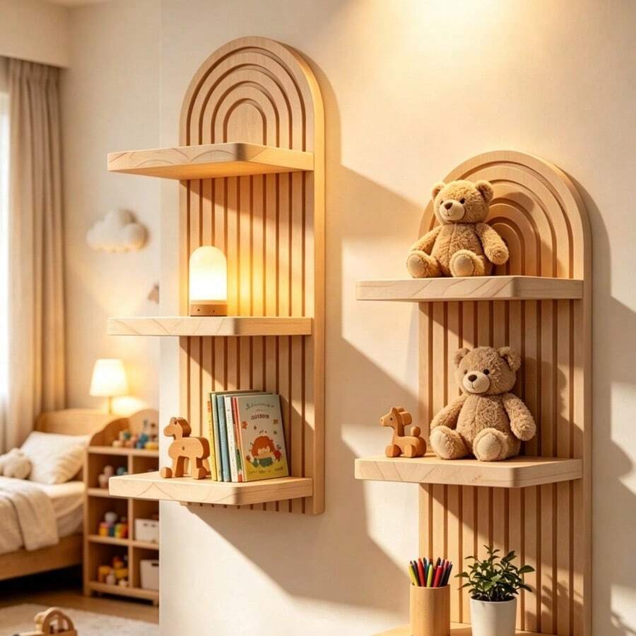 1 Set Extra Large Bohemian Style Wavy Wooden Wall Frame Set, Rainbow Arch & Farmhouse Style Wall Shelf, Multi-Functional Outdoor Rack, Easy To Install, Suitable For All Seasons, Wooden Wall-Mounted Storage Rack, Suitable For Living Room Decor, Christmas And Halloween Gifts - A - View 1