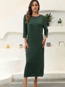 JINLICX Dark Green Round Neck 3/4 Sleeve Solid Basic Long Maxi Dress Underdress For Evening Gown - Dark Green - View 6