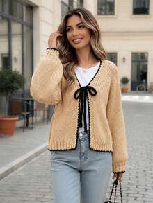Women's Chic Casual V-Neck Tie-Front Raglan Sleeve Ribbed Contrast Trim Cardigan, Elegant Loose Vacation Daily Commute Outings Sweater, Fall Winter - Apricot - View 6