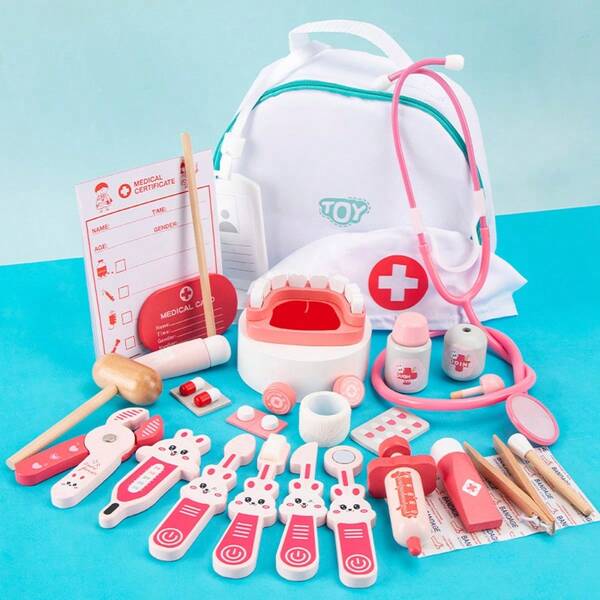 1 Set Cute Rabbit Cartoon Wooden Style Pink & White Color Scheme Simulated Dental Medical Tools, Role-Play Game For Tooth Extraction And Dental Check-Up, Soothing Baby's Dental Fear Educational Toy, Kindergarten Role-Play Game, Home Parent-Child Activity, Birthday Gift For Girls