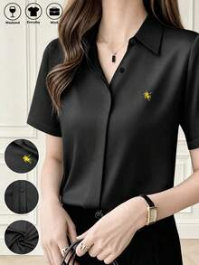Camisa de seda de manga corta con diseño elegante, estilo Hong Kong, de satén, de unicolor, con botones, para uso en la oficina, primavera, color negro - Negro - Ver 2