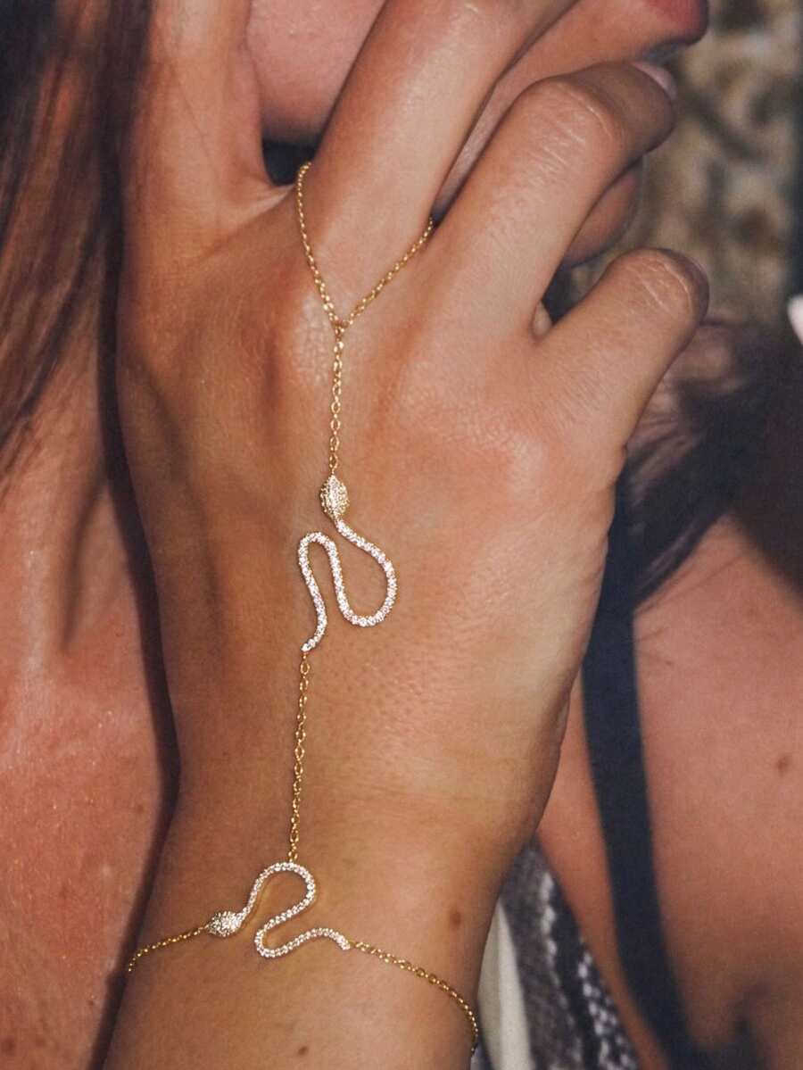 1 pieza Elegante anillo-pulsera de cobre con incrustaciones de strass con forma de serpiente, adecuado para fiestas, reuniones, citas y combinación con atuendos diarios - Dorado - Ver 1
