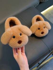 1 Pair Unisex Plush Slippers, Dog Ear Design, With Plush Lining, Non-Slip Soft Rubber Sole, Suitable For Toddlers And Children's Indoor Warm Home Slippers - Light Coffee - View 3