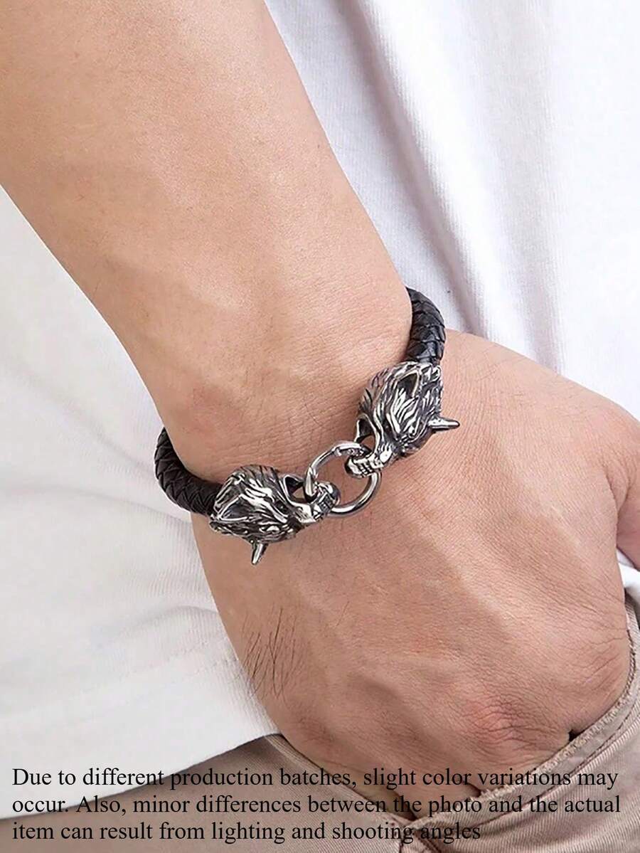 1pc Men's Punk Wolf Head Viking Leather Bracelet, 19/21/23cm - Multicolor - View 1