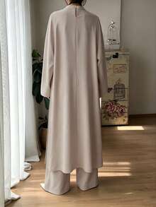 Women's Casual Minimalist Stand Collar Long Sleeve Split Hem Tunic Top And Loose Pants 2-Piece Set, Solid Color, Spring/Autumn/Winter Elegant - Apricot - View 4