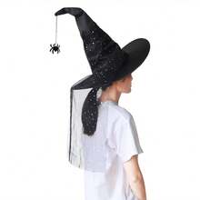 Costume Hats - Pleated Black Satin Fabric With Spider Detailing and Highlighting - View 1