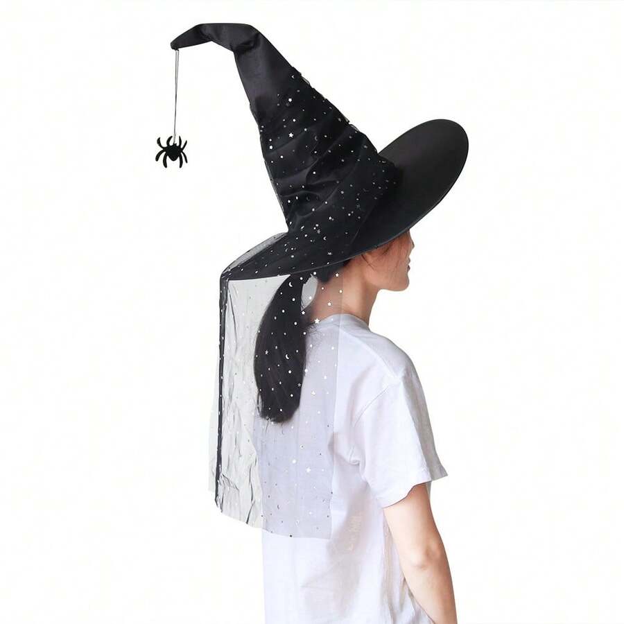 Costume Hats - Pleated Black Satin Fabric With Spider Detailing and Highlighting - View 1
